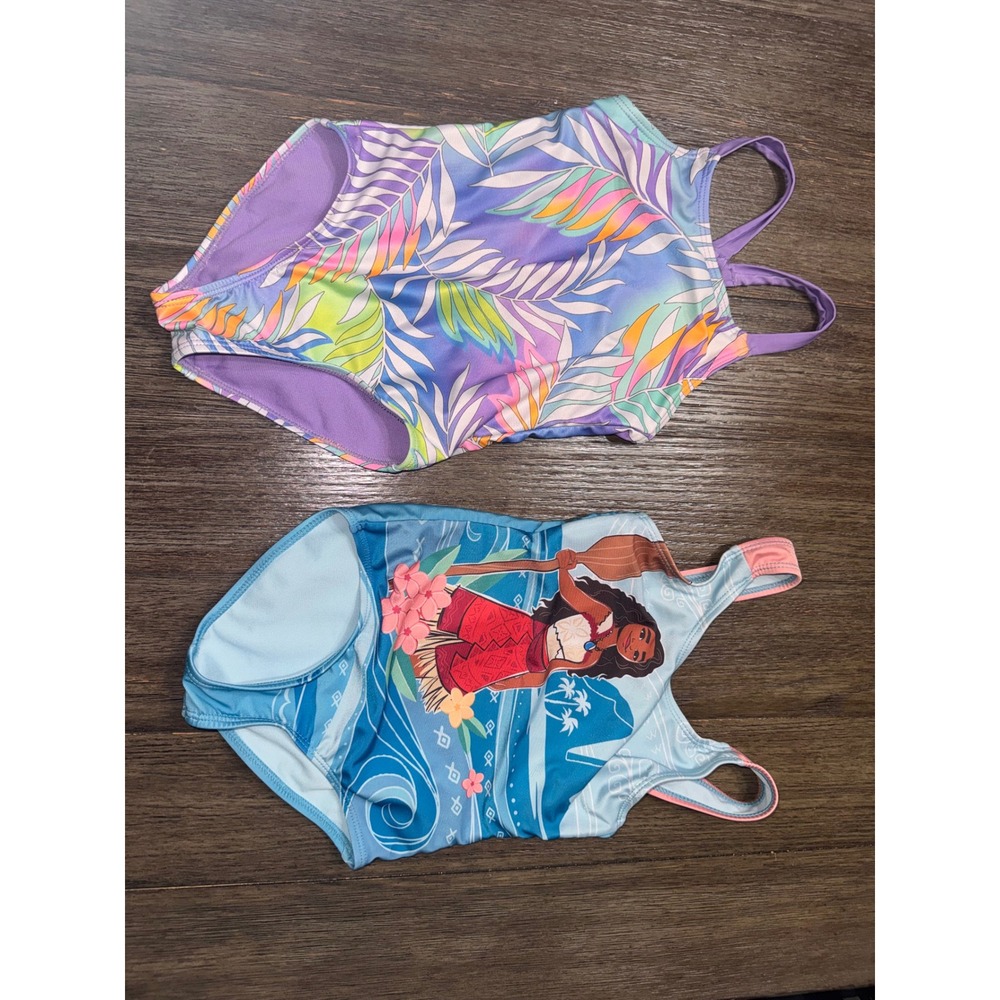 Disney Kids One-Piece Swimsuits - Purple Tropical & Blue Moana Print